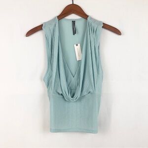 NEW By Anthropologie Crop Cowl Neck‎ Top Size L Light Blue Ribbed